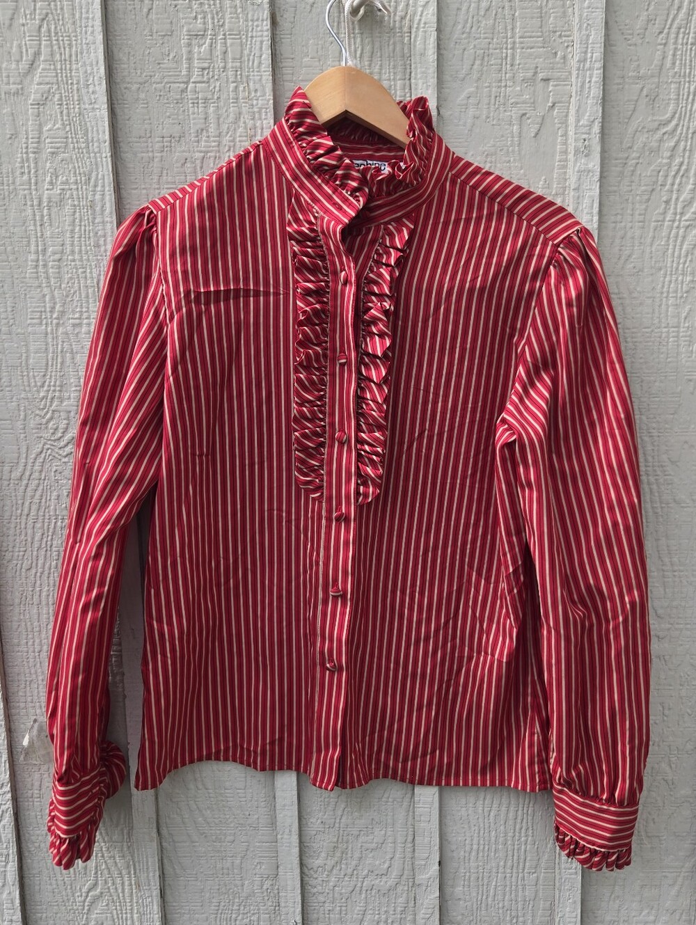 Josephine Vintage Red White Striped Ruffled High Neck Victorian Blouse Size 12 M
